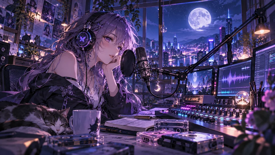 月下霓虹电台与音乐整理场景插画