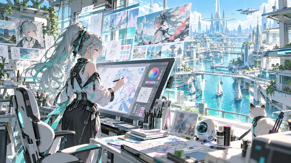 未来感二次元创作工作室场景插画